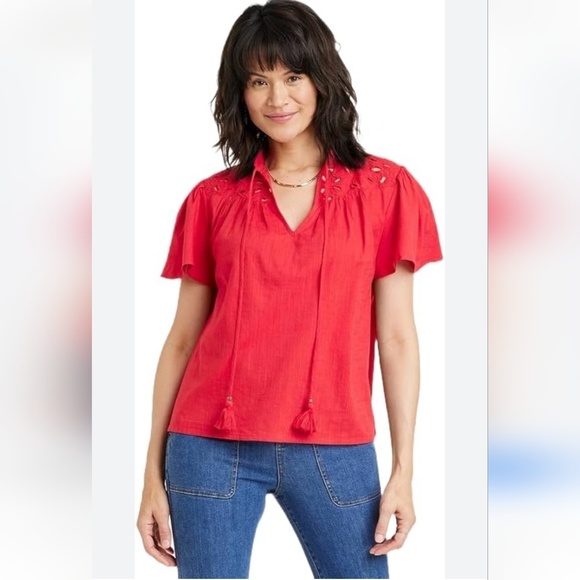 NWT Knox Rose Eyelet Short Sleeve V-neck Woven Top 2X XXL Red Z-2592 - Picture 1 of 6